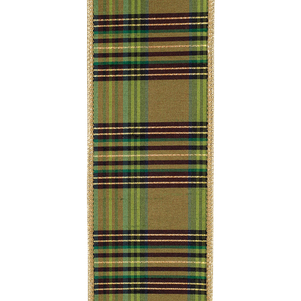 Willow green plaid fused metallic dupioni ribbon with gold wired edges.