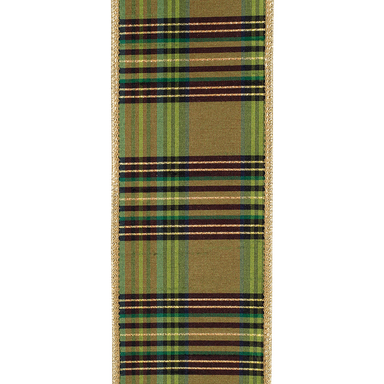 Willow green plaid fused metallic dupioni ribbon with gold wired edges.