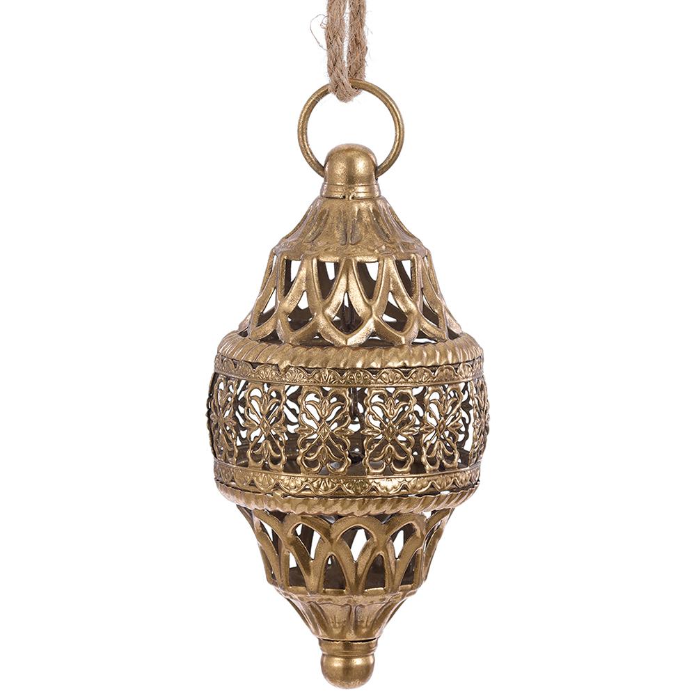 7.5-inch gold metal filigree finial ornament with intricate openwork design and hanging rope.