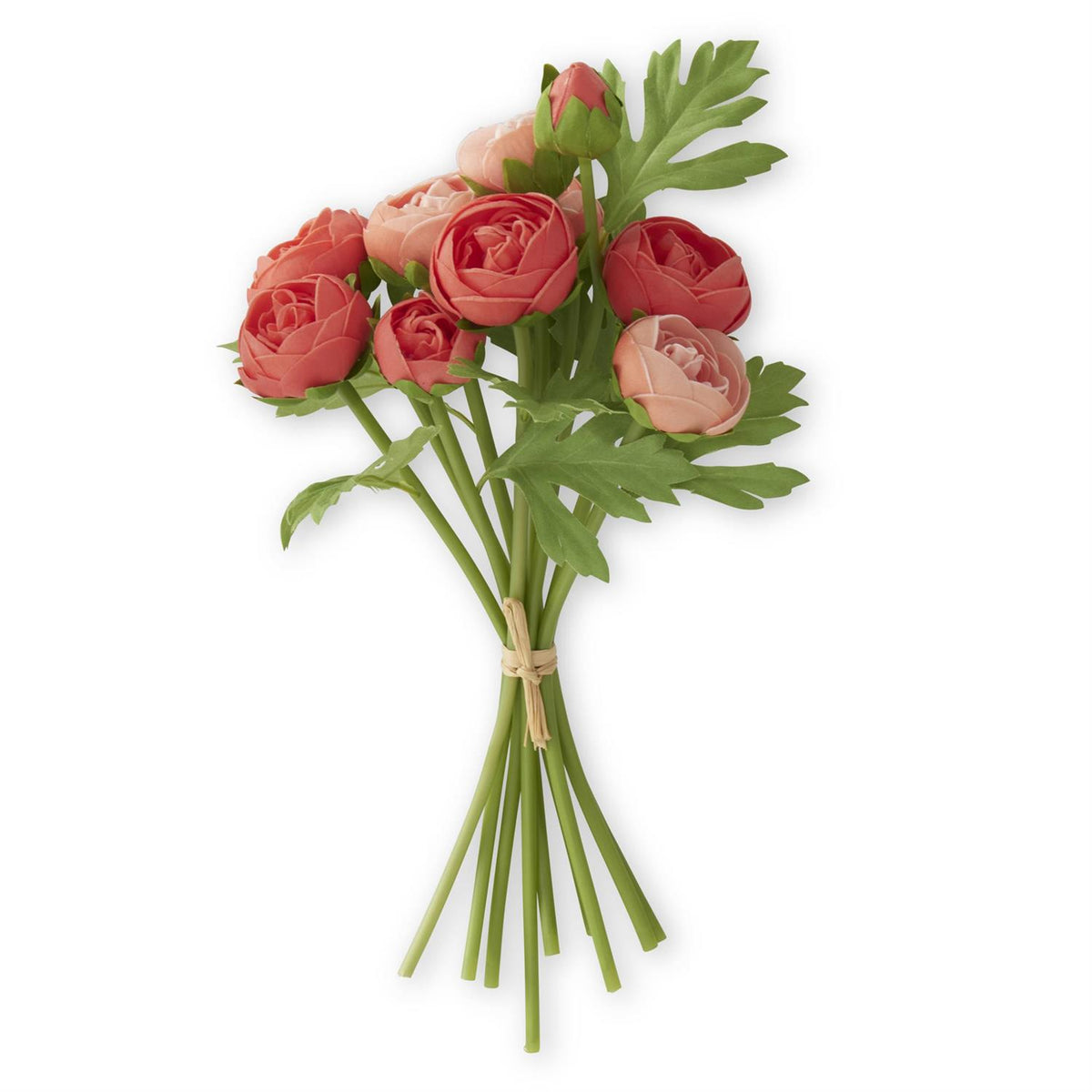 Bundle of fifteen-inch artificial ranunculus flowers in realistic colors with plastic stems.