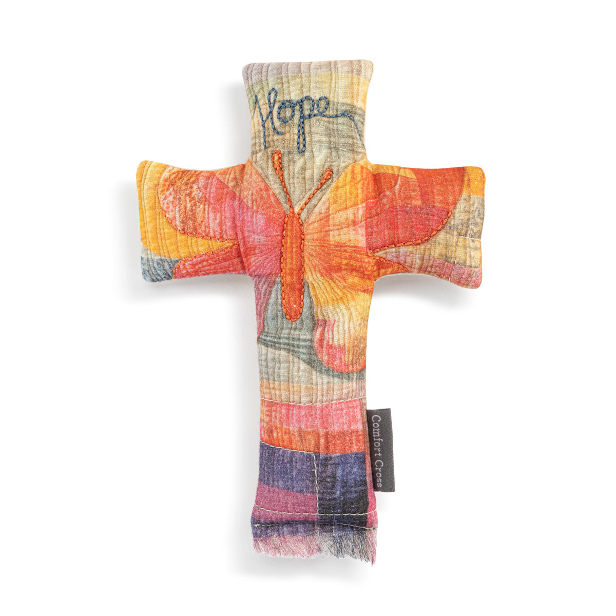 Comfort Cross wall hanging made of cotton with polyester fiberfill stuffing and bead accents in a neutral tone.