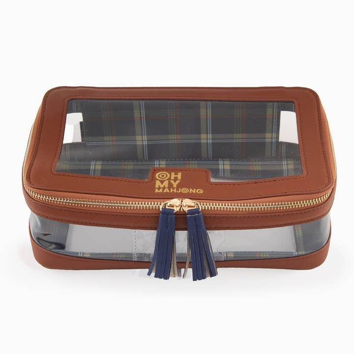 Cognac brown tile storage bag with clear windows, gold zipper, and blue tassels.