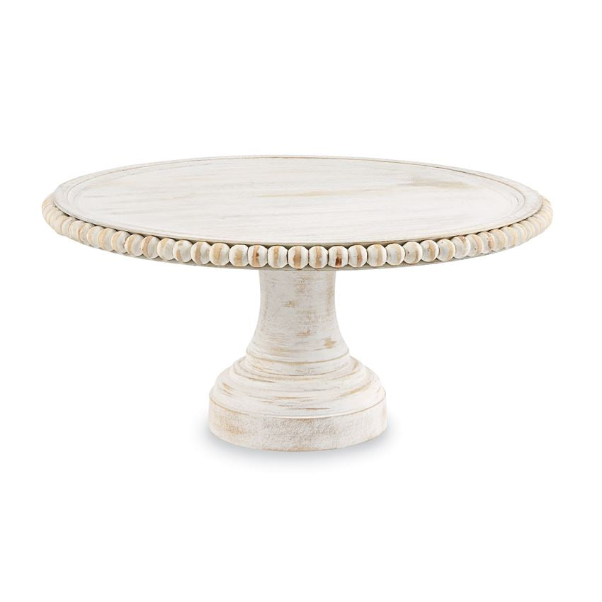 White-washed mango wood pedestal cake stand with beaded rim detail