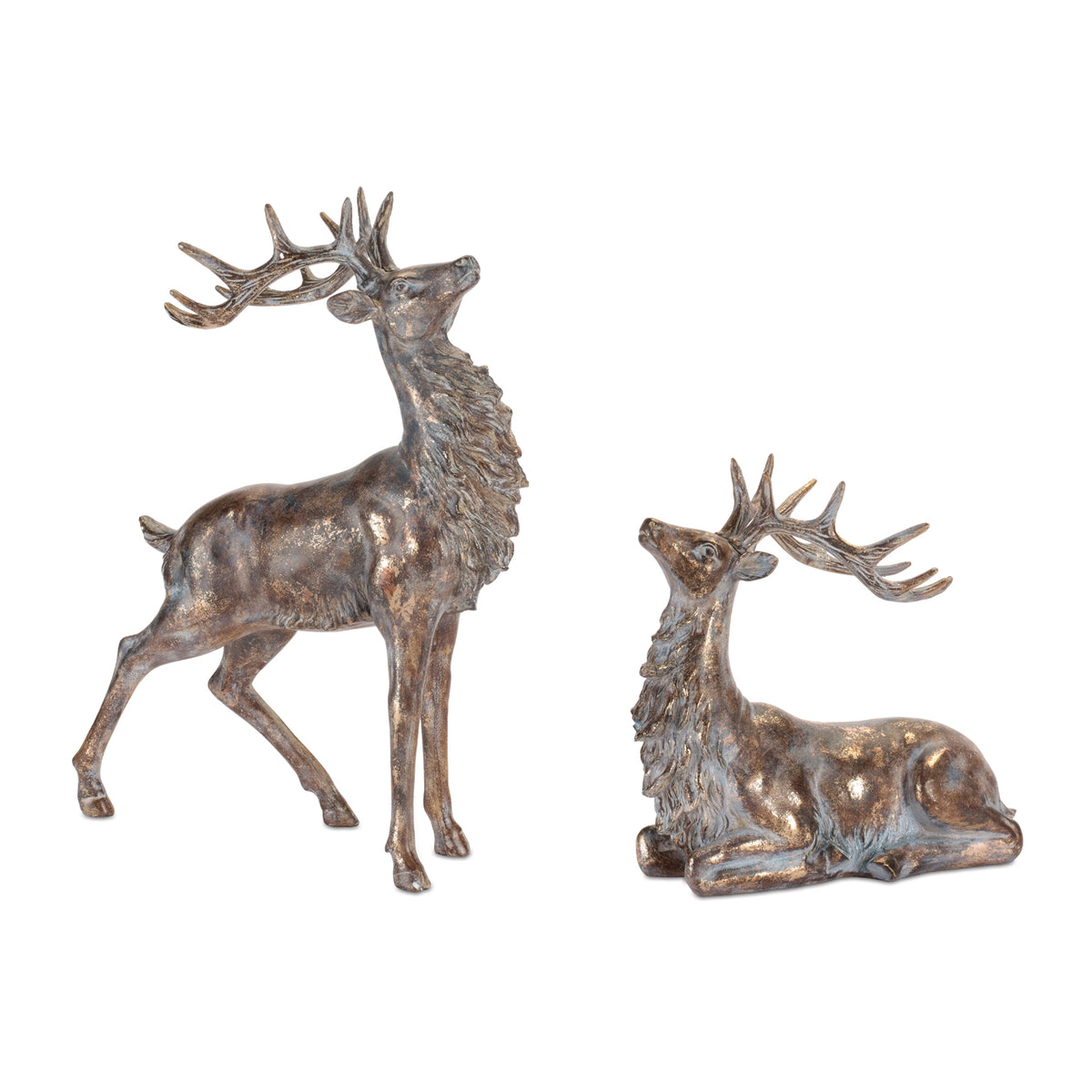 Two bronze-finished resin deer figurines, one standing and one sitting, with detailed antlers.