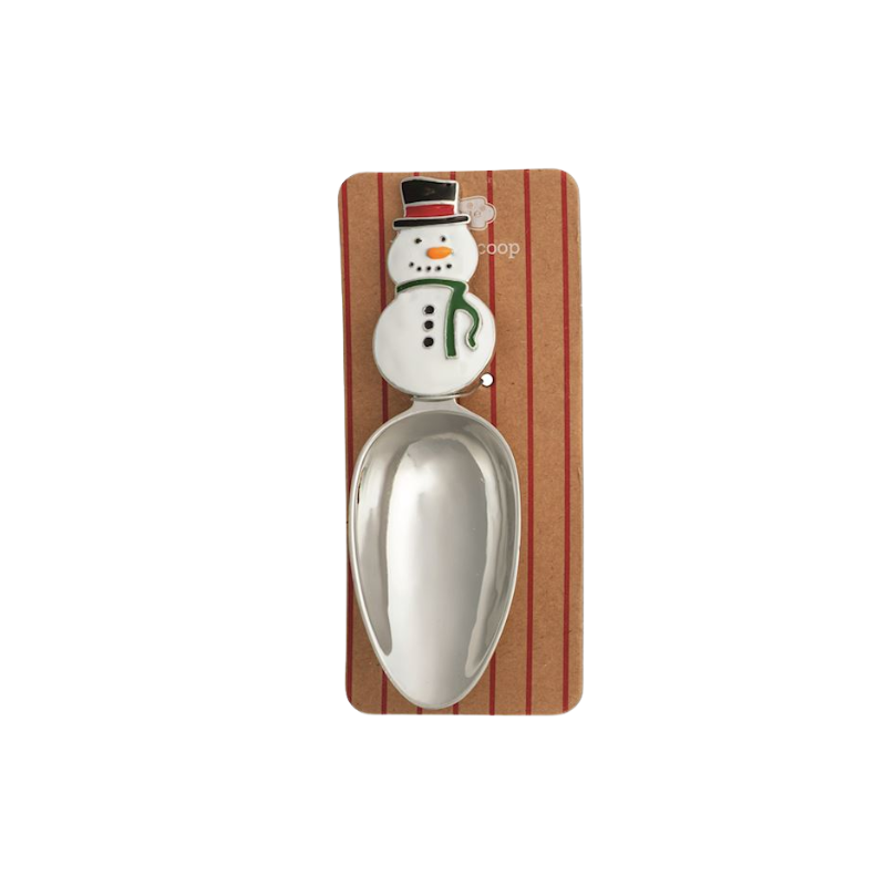 Stainless steel Christmas candy scoop with a white enamel snowman handle on a brown display card.