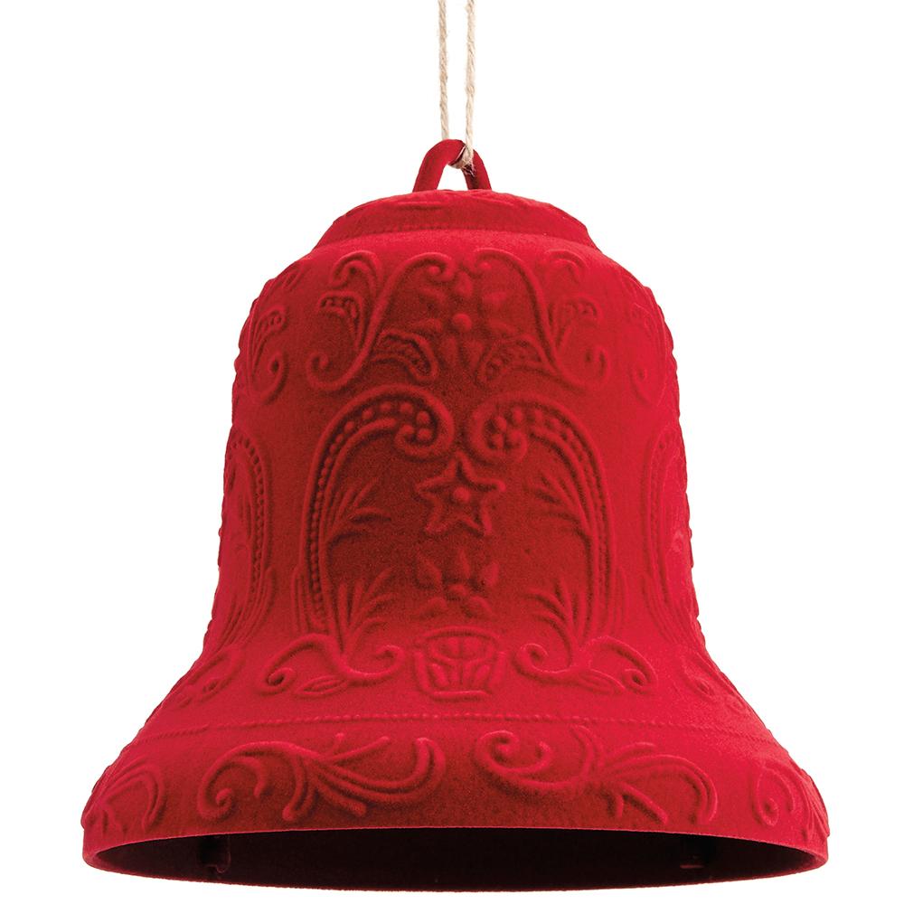 Red flocked plastic bell ornament with embossed floral and star patterns hanging by a string.