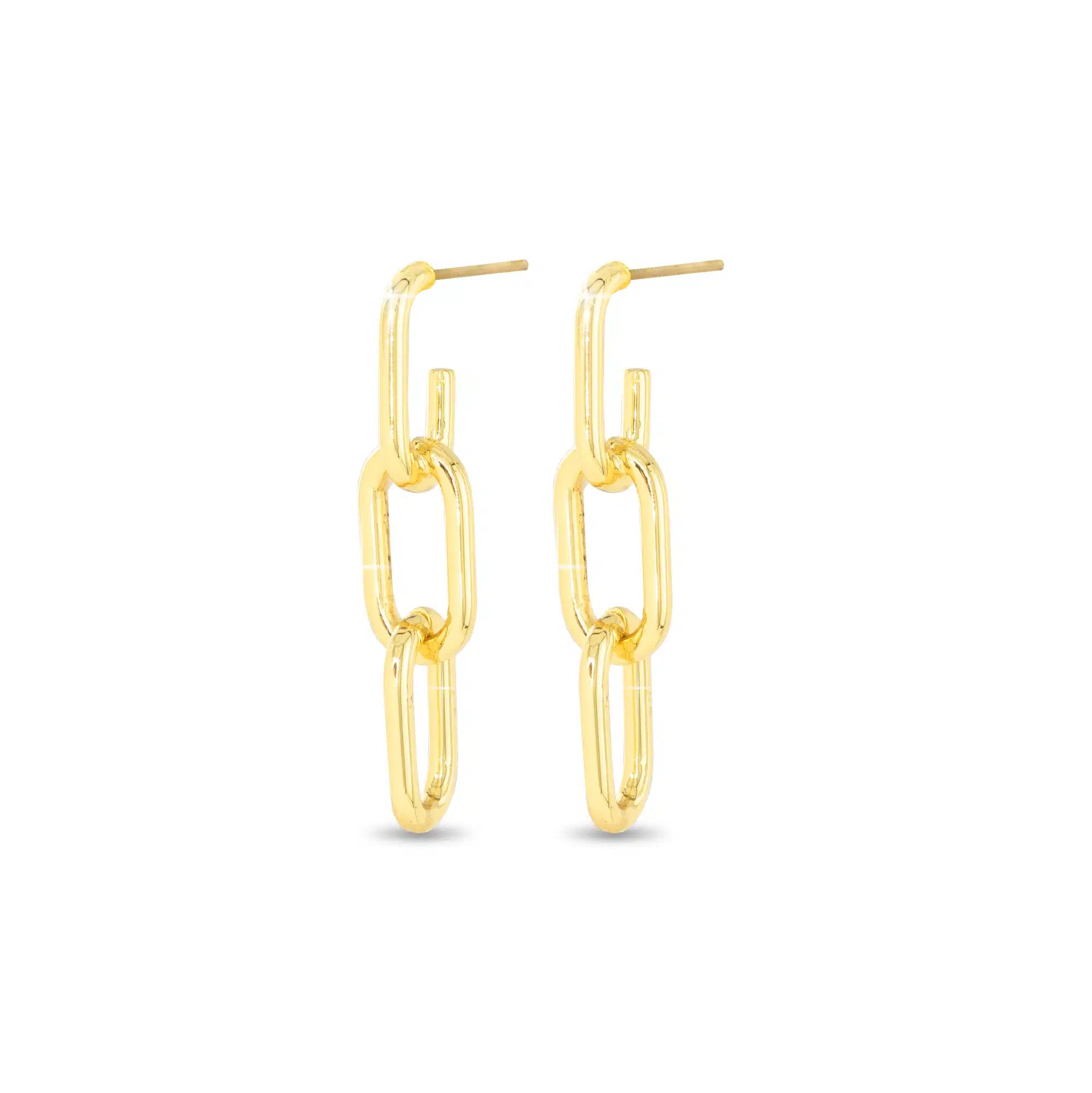 Gold polished Lara drop earrings featuring three interlocking paperclip-style links.