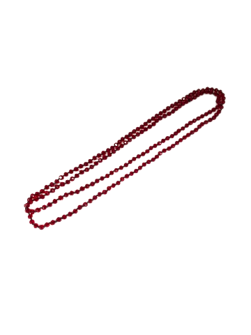 30-inch vintage style necklace featuring small, faceted deep red beads on a continuous strand.