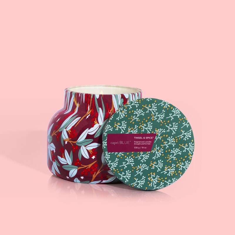 Pattern Play Jar candle in Tinsel & Spice scent with cinnamon, clove, and orange notes.