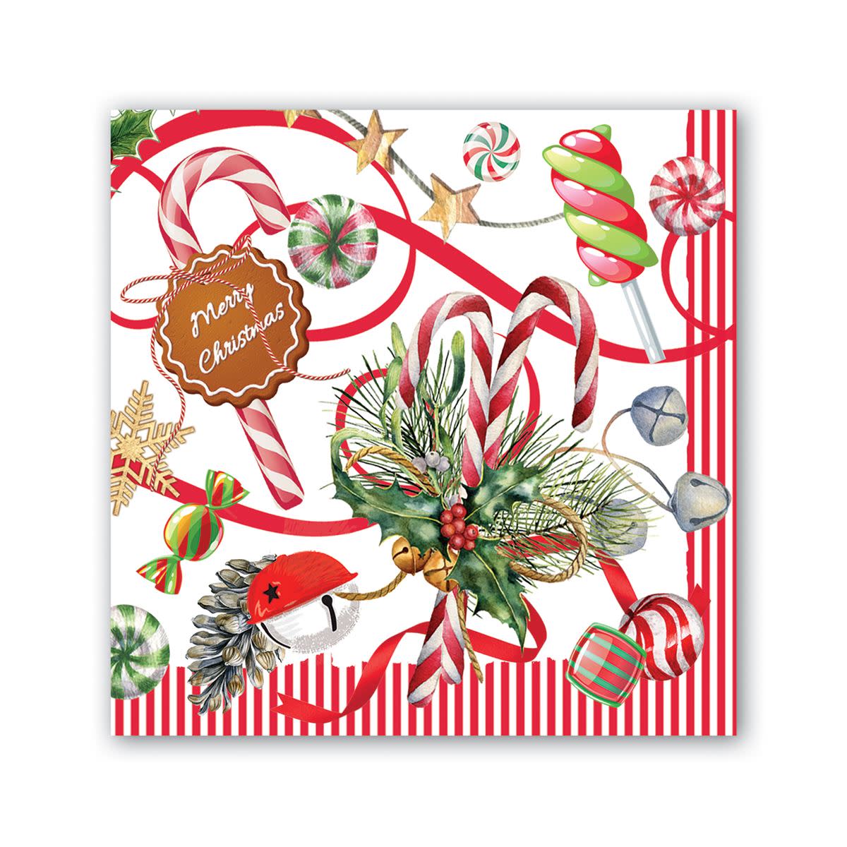 Folded white cocktail napkins with a festive holiday pattern.