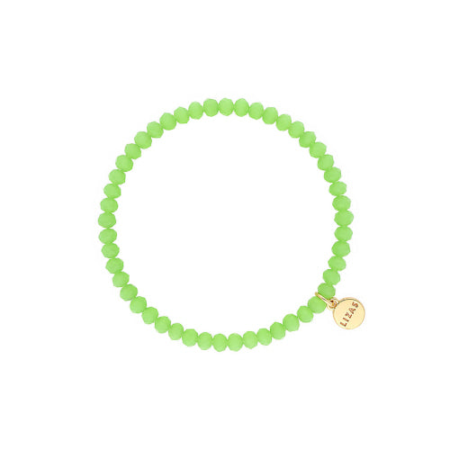 Stretchy bracelet with faceted glass beads in a colorful beaded pattern.