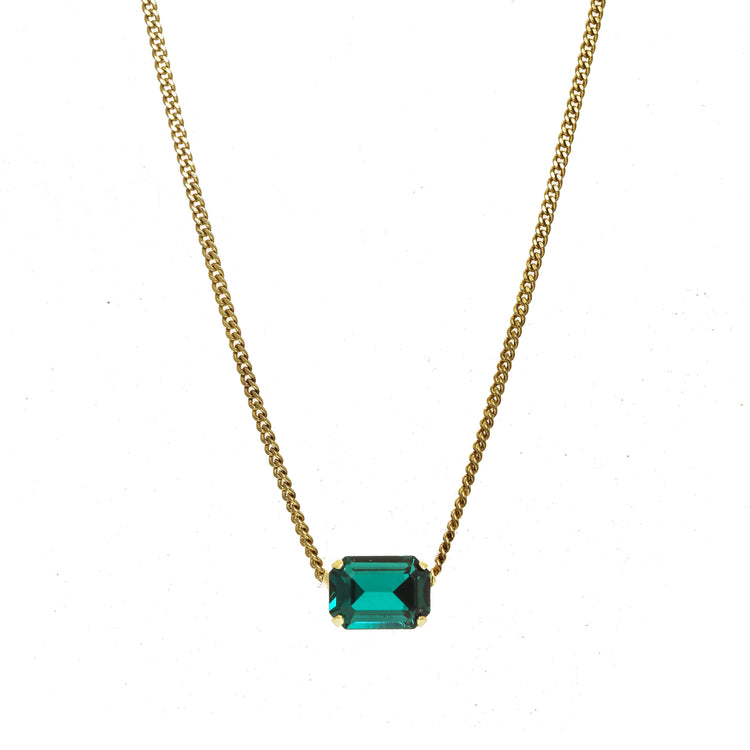 Antique gold-plated brass necklace with crystals featuring a 3-inch extension chain