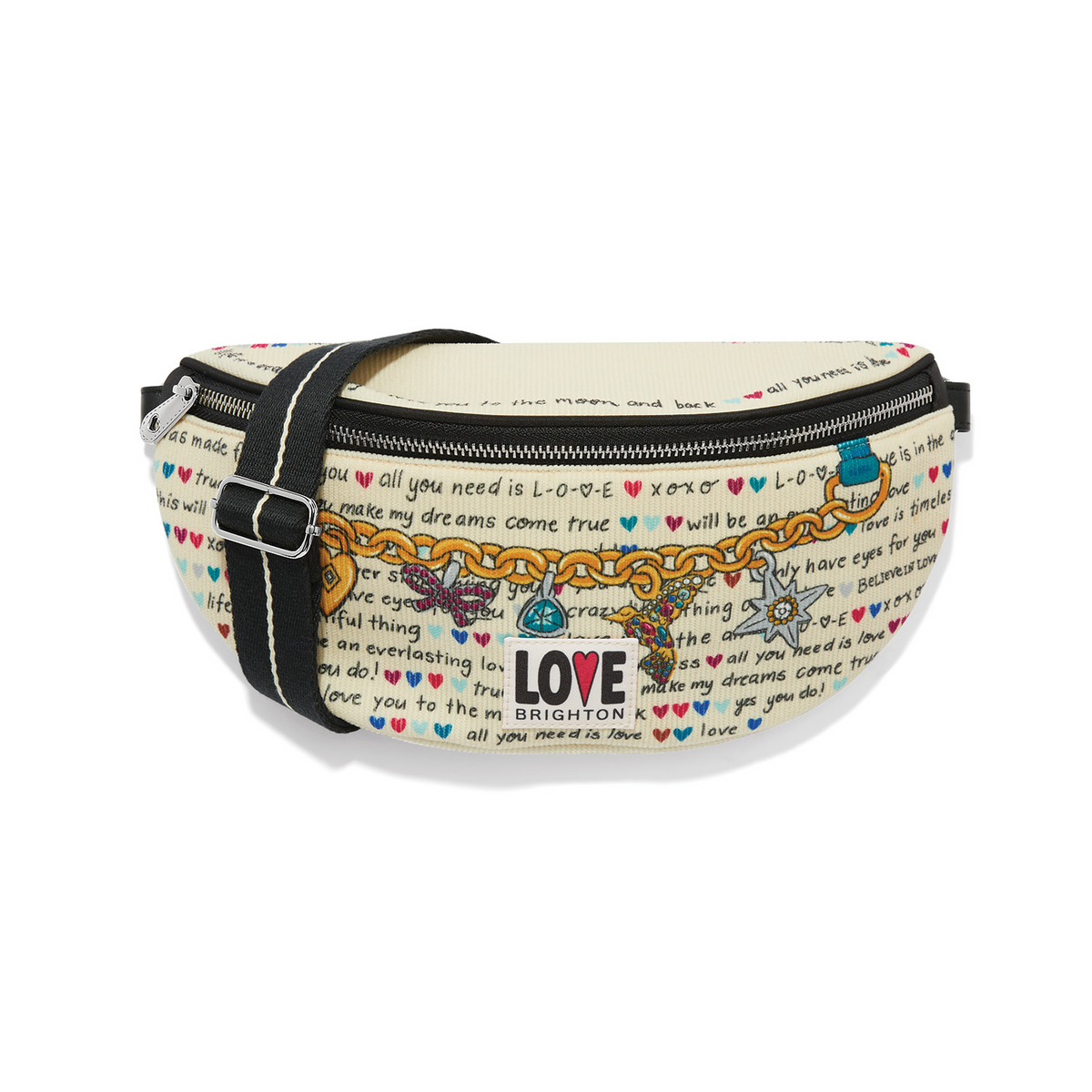 Love Story Belt Bag in cream corduroy with colorful heart and charm graphics and adjustable strap.