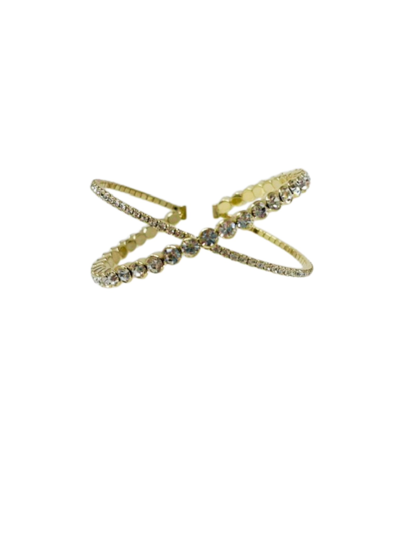 Crossover gold adjustable bracelet featuring two intersecting bands of clear rhinestones.