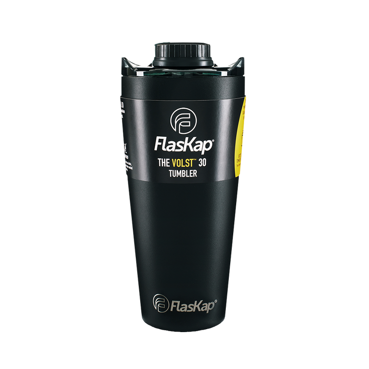 Black Volst 30 tumbler with a threaded bottle cap lid and FlaskKap logo on the front.