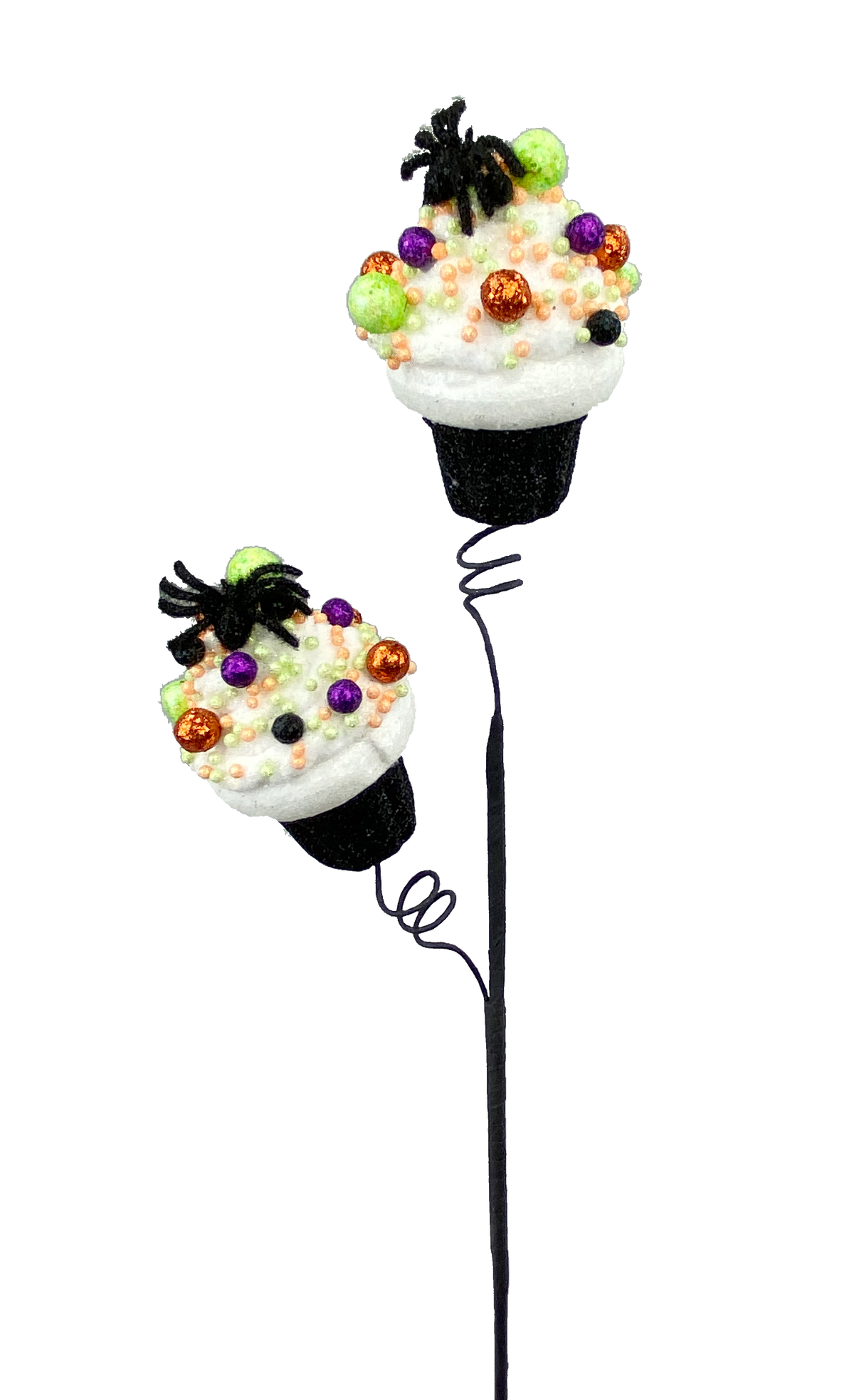 Spider Cupcake Spray with two white glittery cupcakes, black bases, and colorful foam sprinkles.