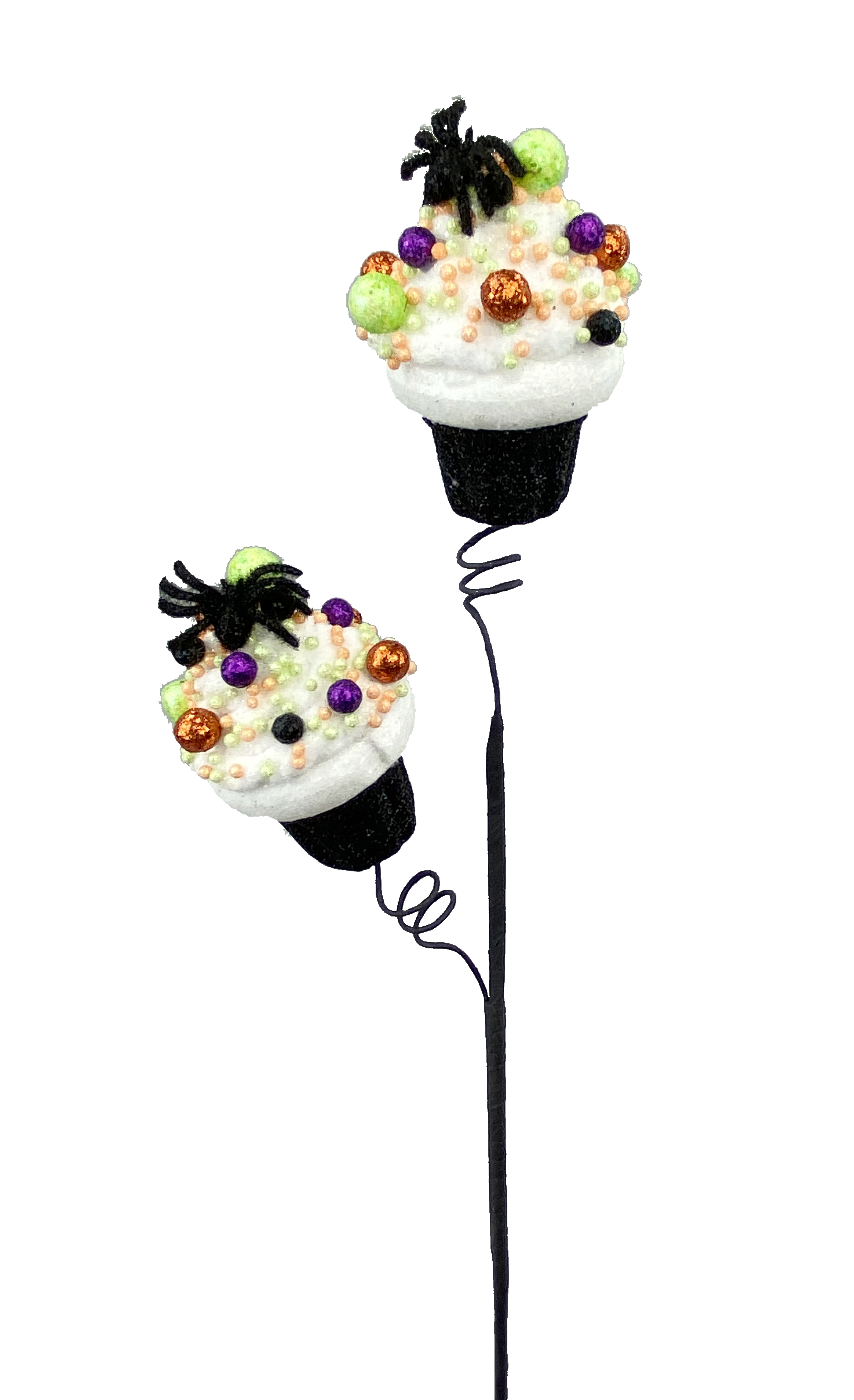 Spider Cupcake Spray with two white glittery cupcakes, black bases, and colorful foam sprinkles.