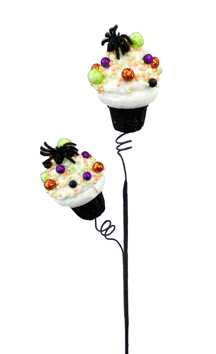 Spider Cupcake Spray with two white glittery cupcakes, black bases, and colorful foam sprinkles.
