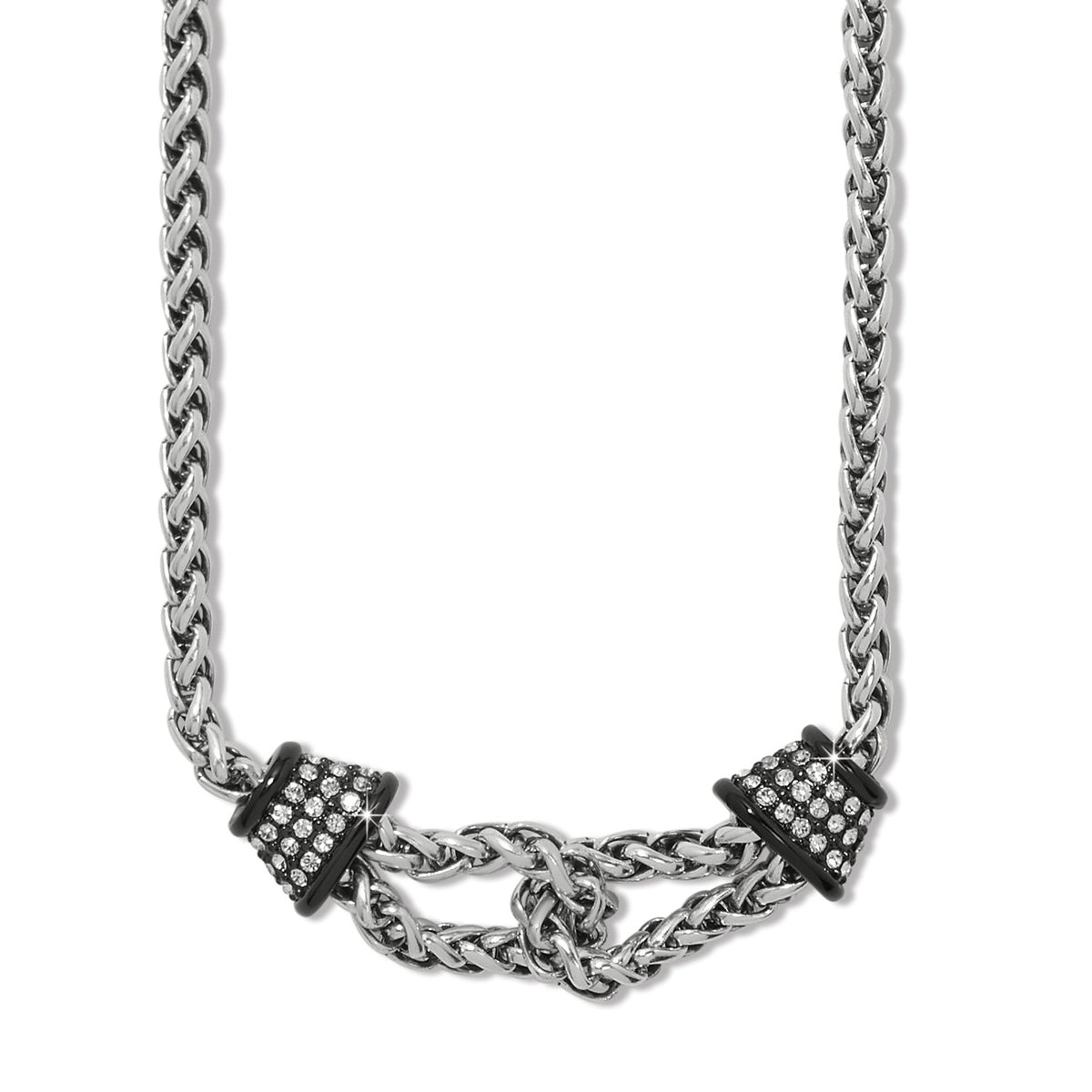Silver-plated Meridian Ventus necklace with black accents and lobster claw closure.