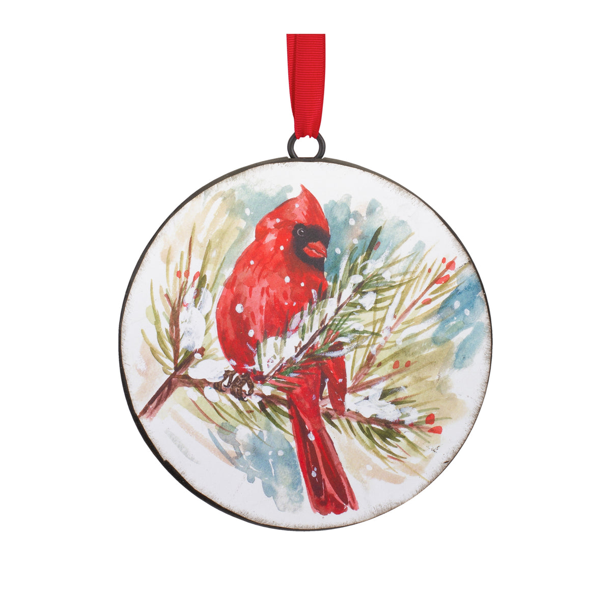 Round iron ornament featuring a watercolor cardinal perched on a snowy pine branch with a red ribbon