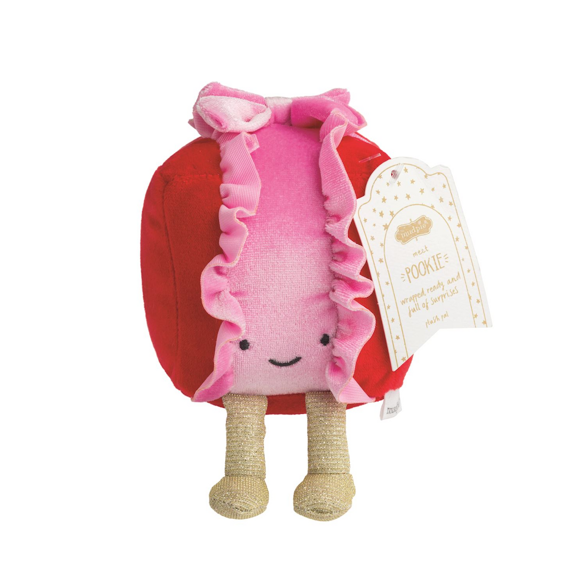 Holiday Plush Pal named Pookie, a red and pink gift-shaped toy with ruffles and gold shimmer legs.