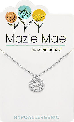 Silver Mazie Mae necklace featuring a trio of interlocking circles on a 16-18 inch chain.