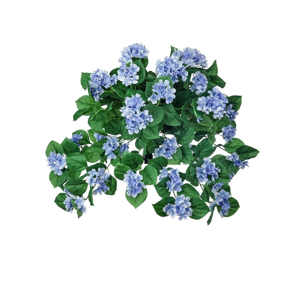 Hanging UV-printed hydrangea plant with green leaves in a dark pot