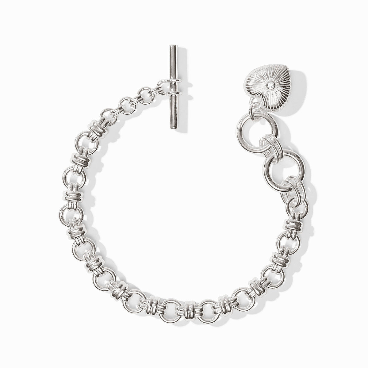 Silver chunky chain bracelet with a toggle closure and a textured puffed heart charm.