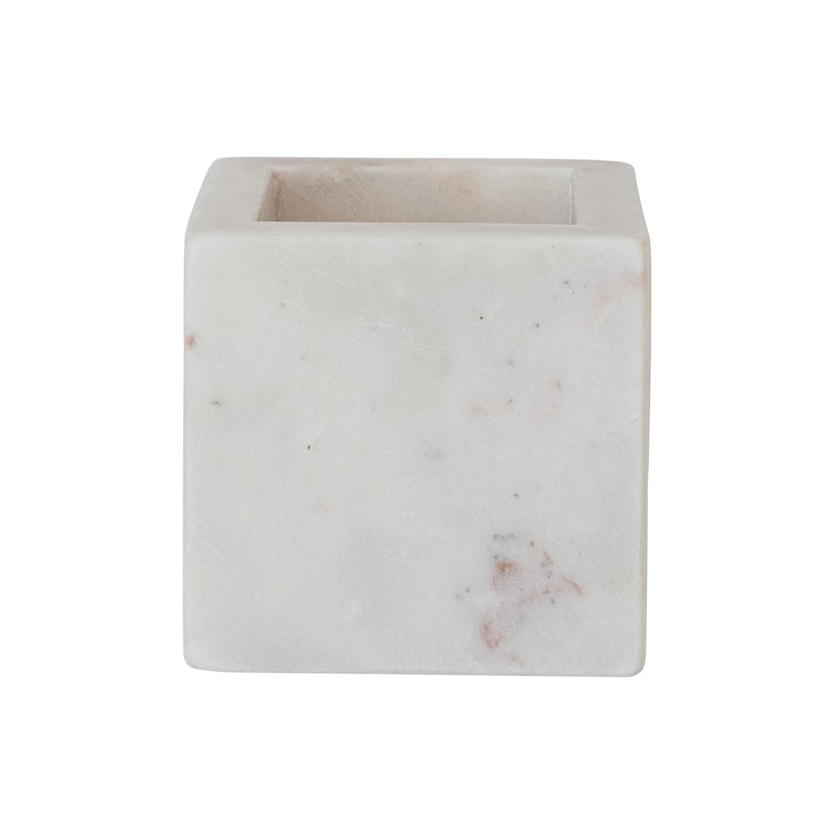 Square white marble container with natural grey and pink veining.