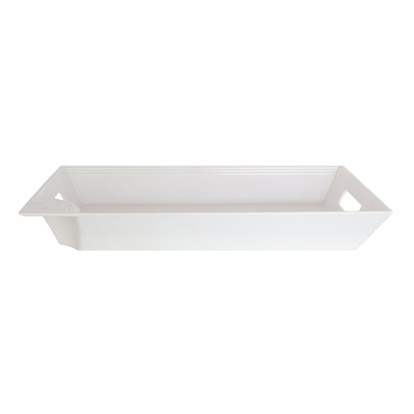 White rectangular Pinstripes Melamine Tray with cutout handles and subtle horizontal line details.
