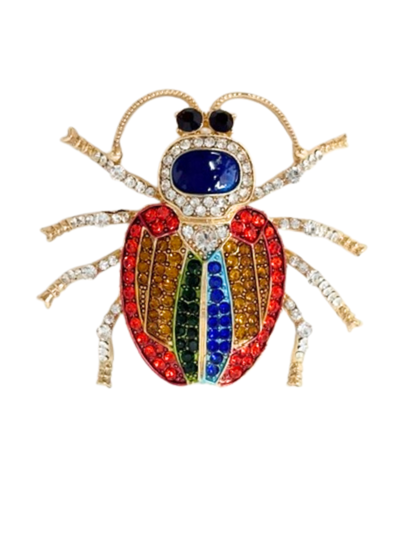 Gold-tone insect brooch featuring a blue head and multi-colored crystal wings and body.