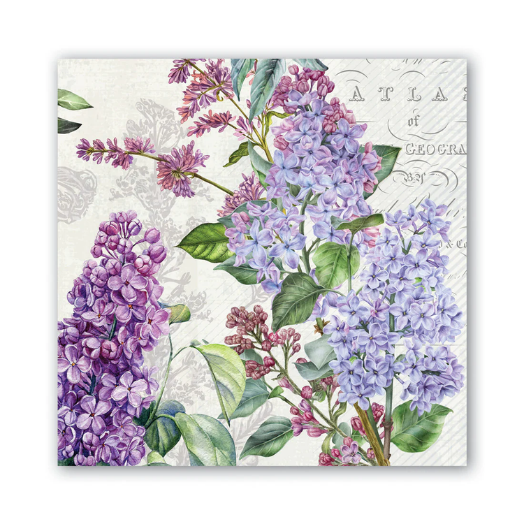 Luncheon napkin featuring a vintage-style watercolor illustration of purple and lilac flowers.