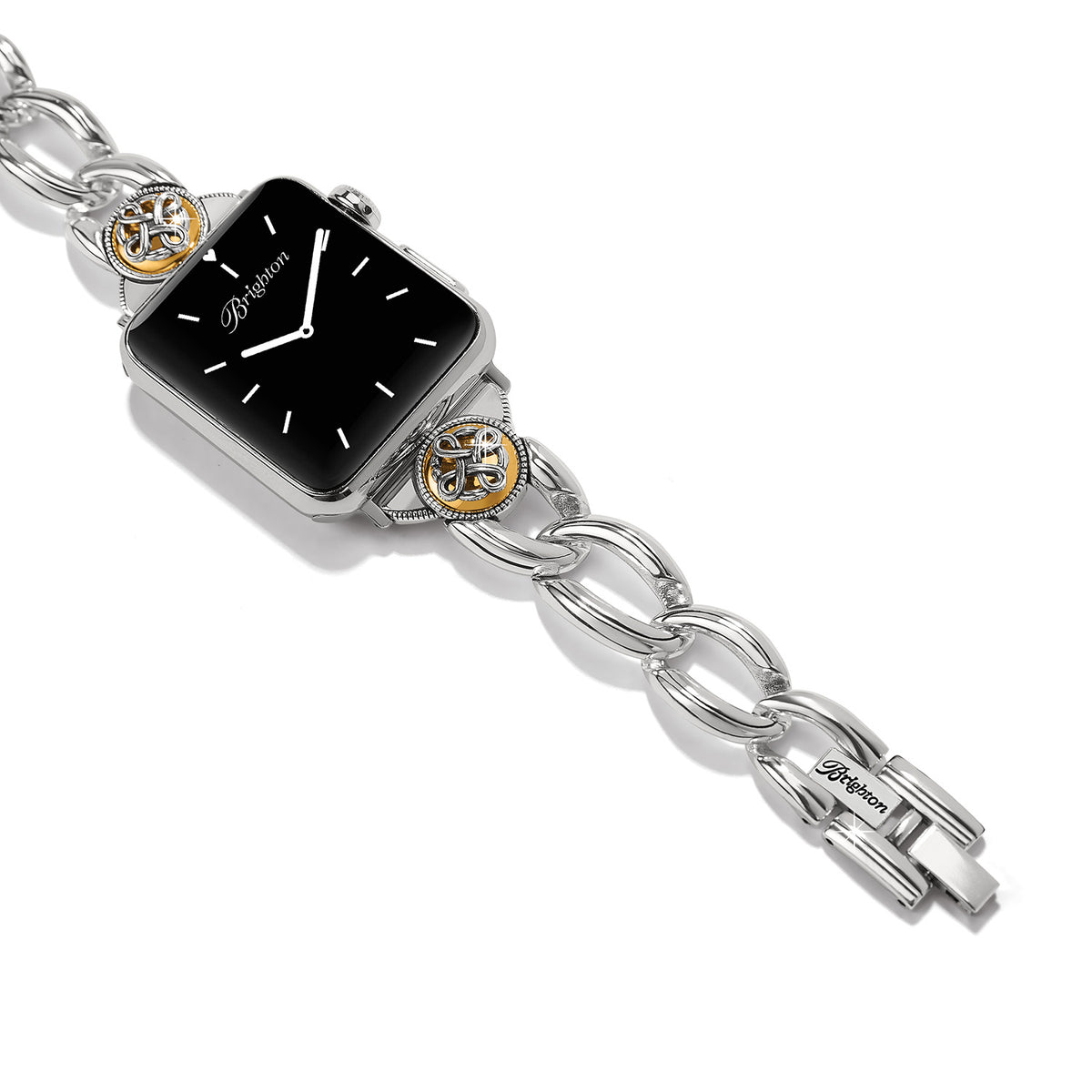 Interlok Noir two-tone silver and gold watch band with a chain link design and fold-over clasp.