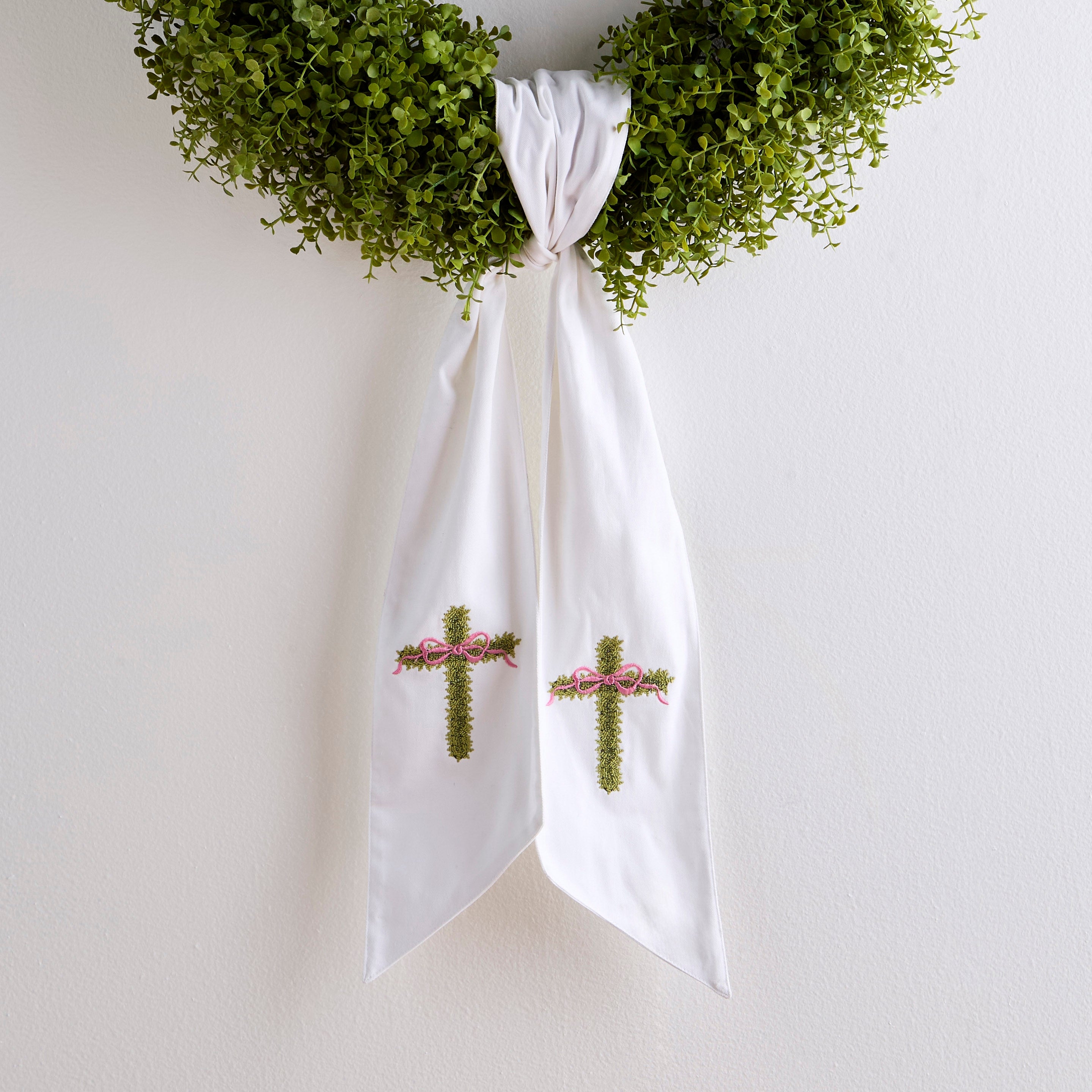 60-inch white cotton Easter cross wreath sash with decorative trim.