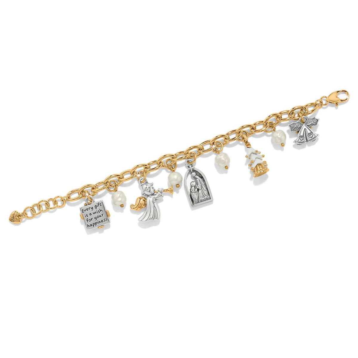 Two-tone Joyful Season charm bracelet with pearls, angel, gift box, nativity, tree, and bells.