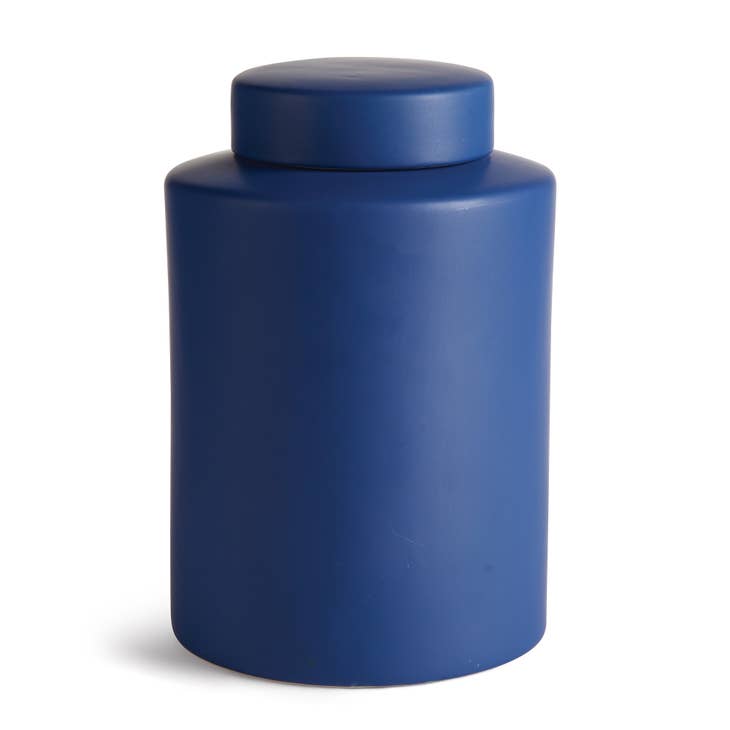Large Barclay Butera Westcliff cylinder jar with a neutral-toned ceramic body and simple cylindrical silhouette.