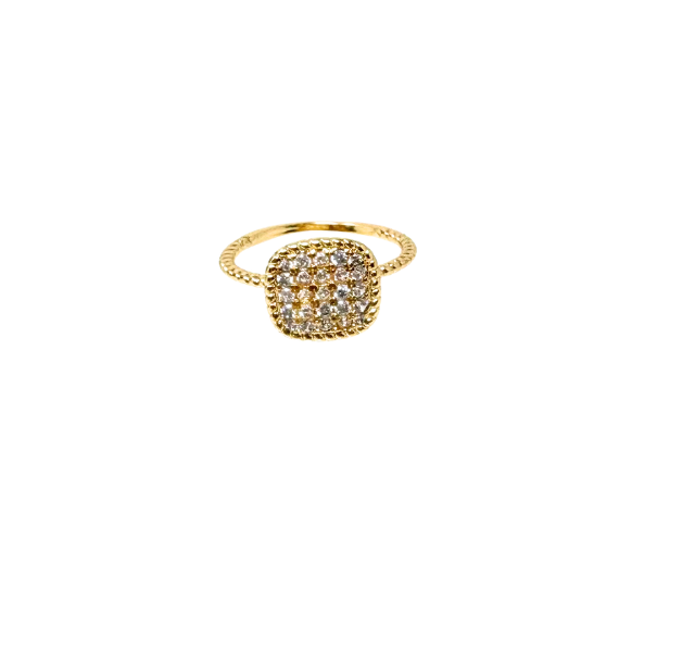Gold fashion statement ring with a square pavé diamond center and a twisted rope band.