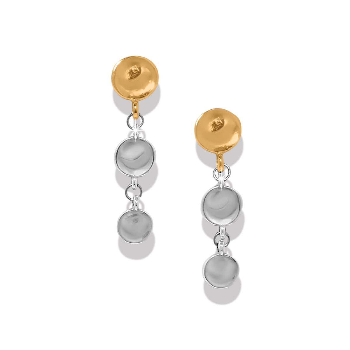Silver-gold two-tone post earrings with flat disc backs featuring a cascade drop silhouette.
