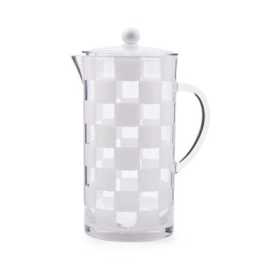 Clear acrylic pitcher with a white checkered pattern, featuring a lid and handle.