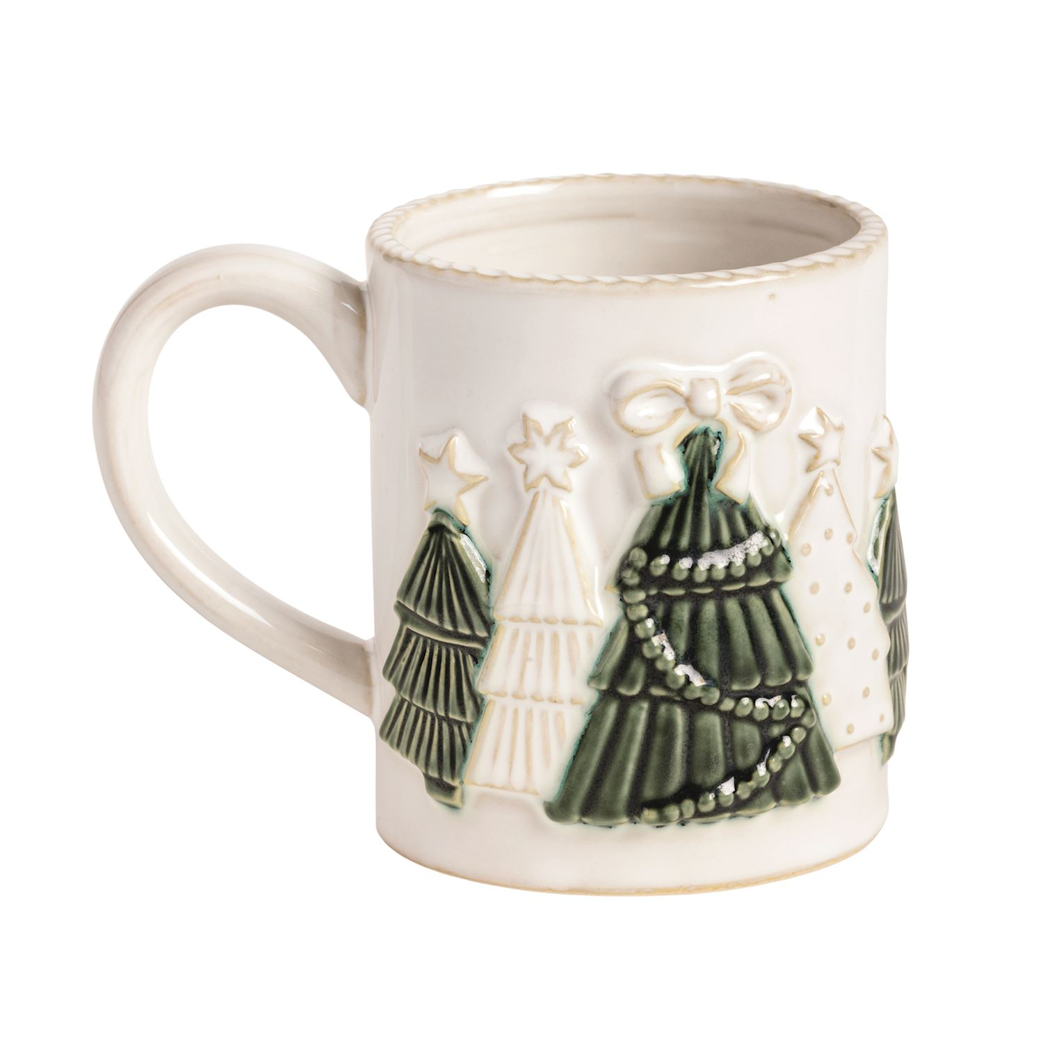 White ceramic Christmas mug with raised green and white holiday tree icons and a reactive glaze.