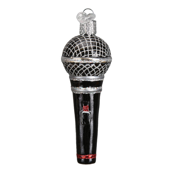 Black and silver glass microphone Christmas ornament with glitter accents and a heart-shaped tag.
