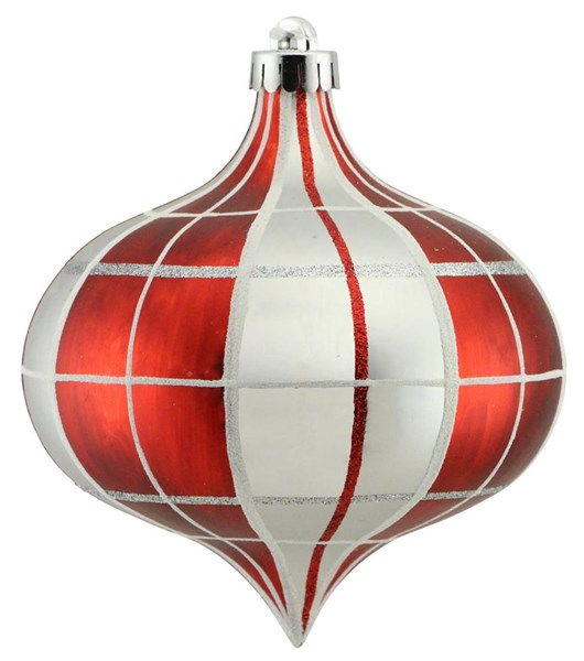Plastic Christmas ornament shaped like an onion with matte red and white plaid pattern divided by silver glitter lines.
