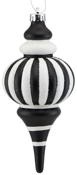 Black and white vertical stripe plastic finial ornament with glitter accents.