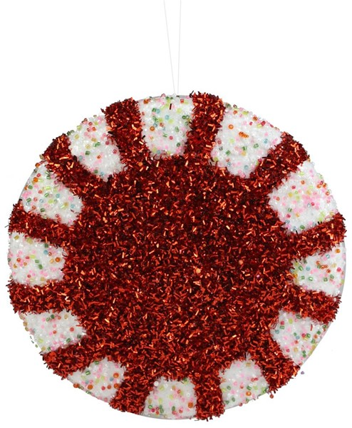 Red styrofoam peppermint ornament with white glitter sprinkles pattern.