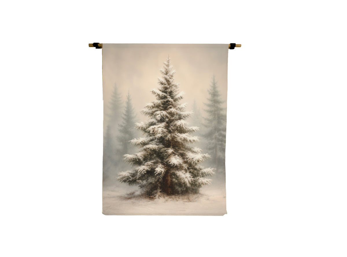 Vintage Christmas tree canvas scroll featuring a snow-covered evergreen in a misty winter forest.