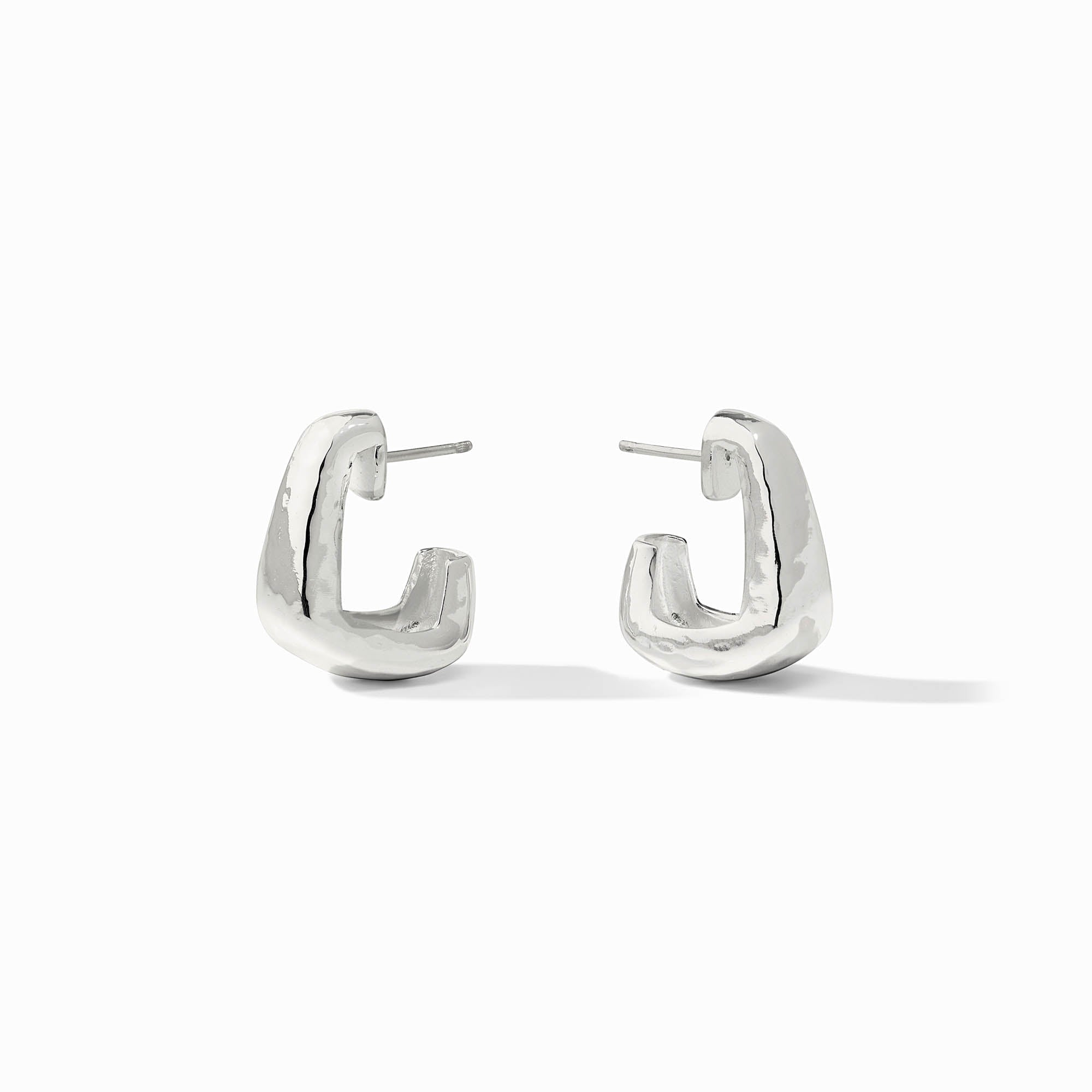 A pair of silver Sahara Hoop earrings with a chunky, organic rectangular shape and a polished finish.