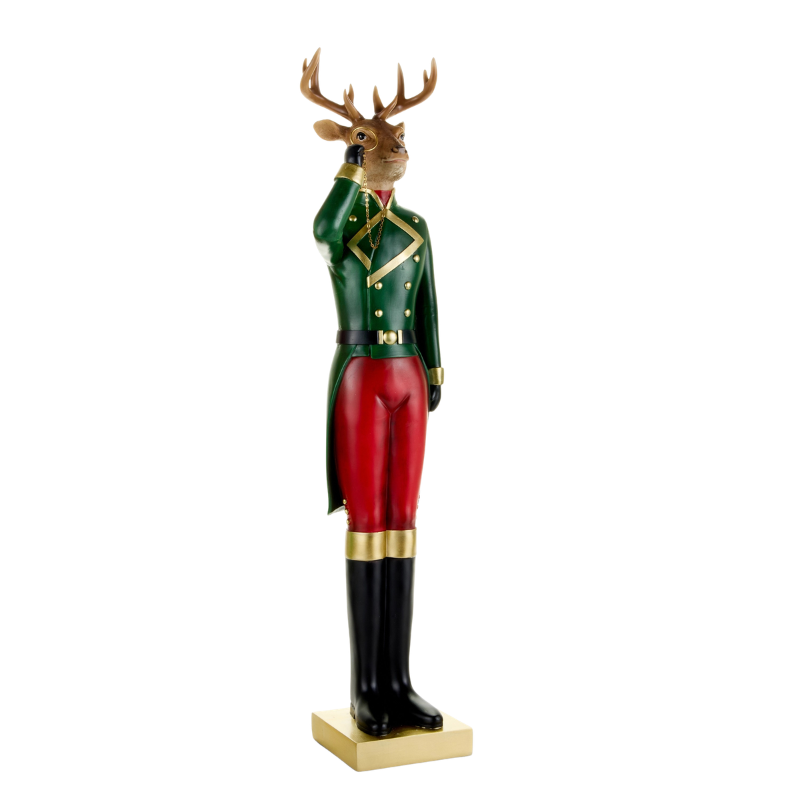 32-inch woodland deer soldier figurine in a green jacket, red pants, and black boots.