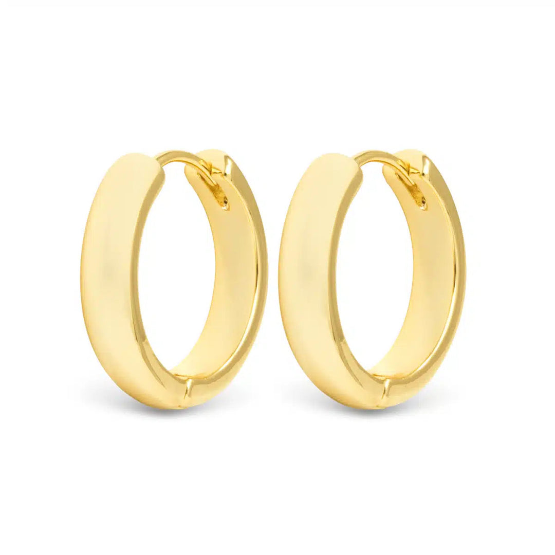 Pair of small, polished gold hoop earrings with a thick, rounded design and hinge closures.