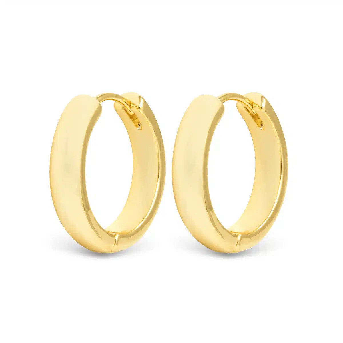 Pair of small, polished gold hoop earrings with a thick, rounded design and hinge closures.
