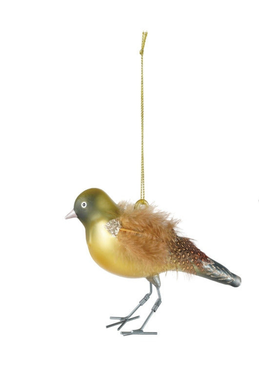 Hand-painted glass bird ornament with gold body, brown feathers, glitter, and iron legs.